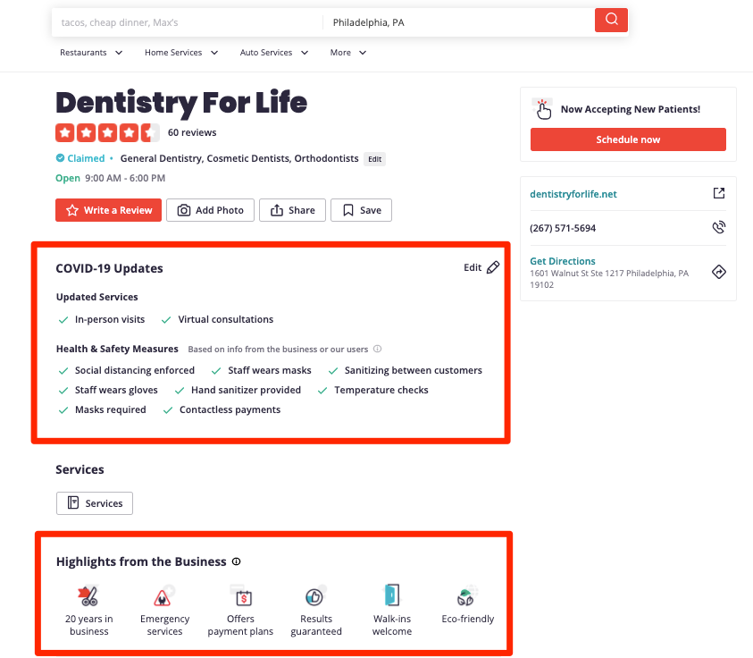 Example of a Yelp profile that displays Business Highlights and COVID safety protocols