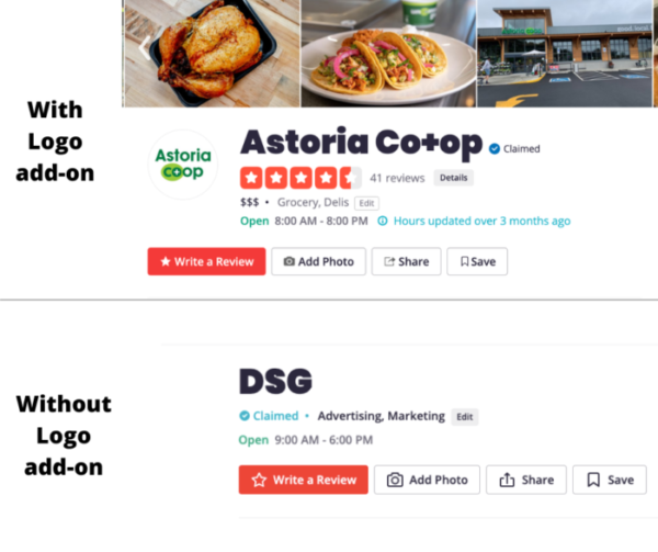 Comparison of a business using Yelp's business Logo add-on and a business not using the Logo add-on.